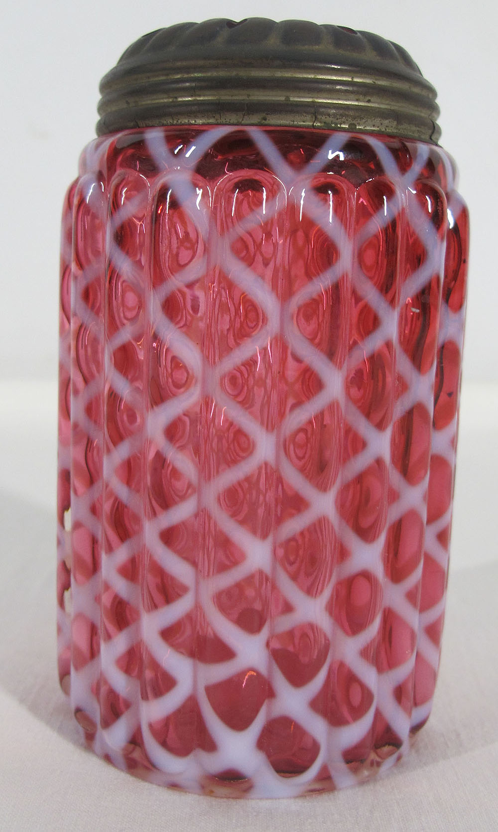 Antique Cranberry Art Glass Ribbed Opal Lattice Sugar Shaker Muffineer